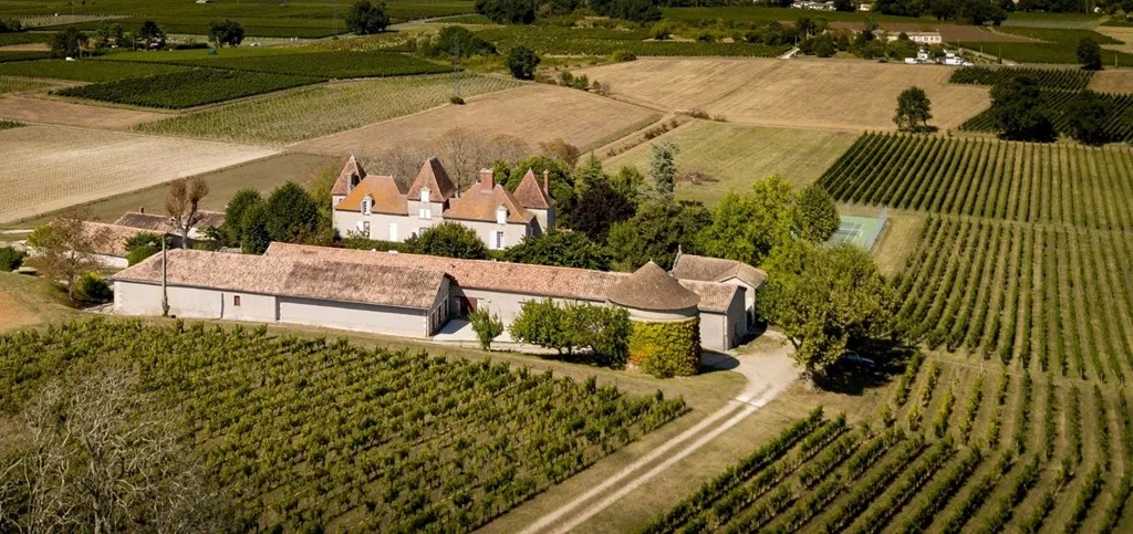 Aerial view of Château de Chelivette surrounded by vineyards, featuring red-tiled roofs and thatched outbuildings in the Bordeaux wine region.