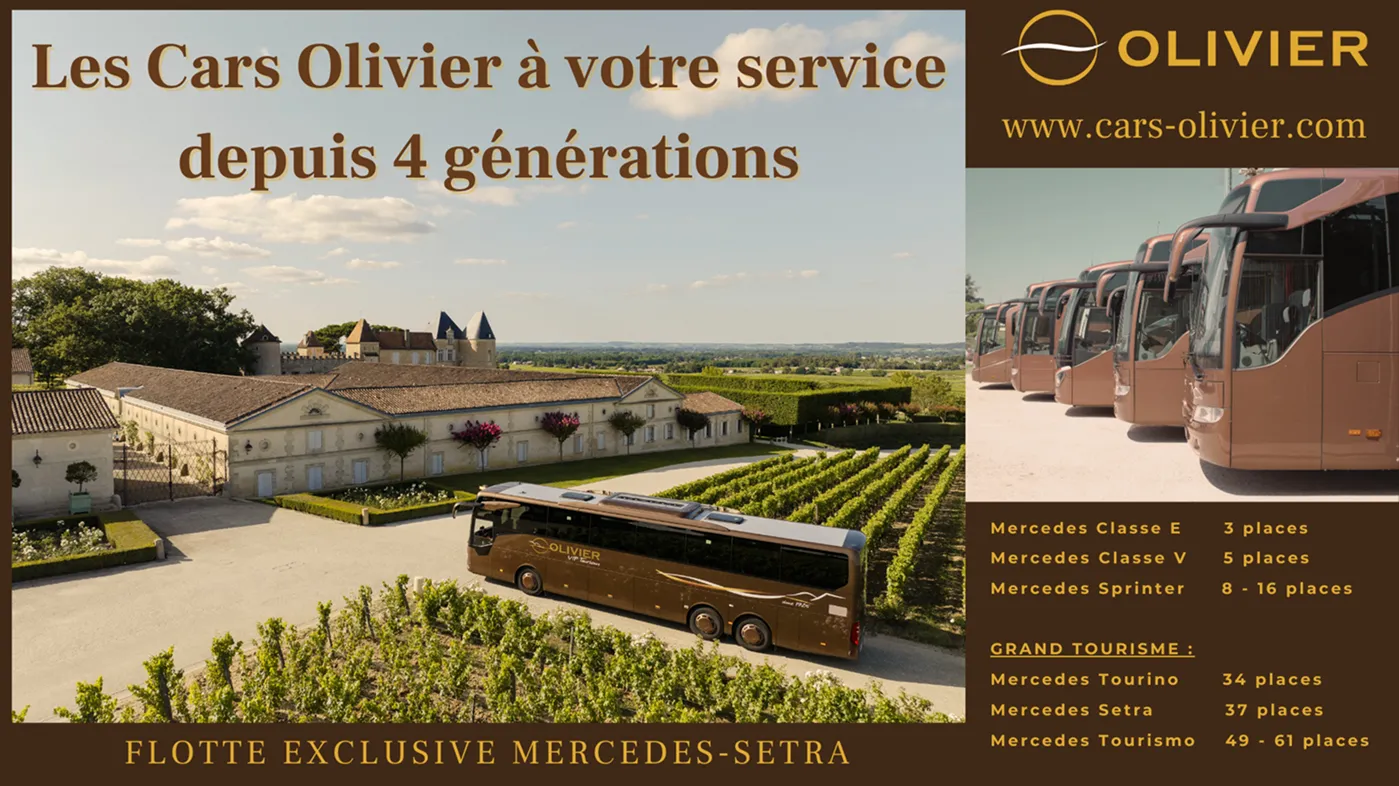 Cars Olivier coach company with 4 generations of service, featuring a Mercedes-Setra bus in Bordeaux vineyards and a fleet of luxury Mercedes vehicles