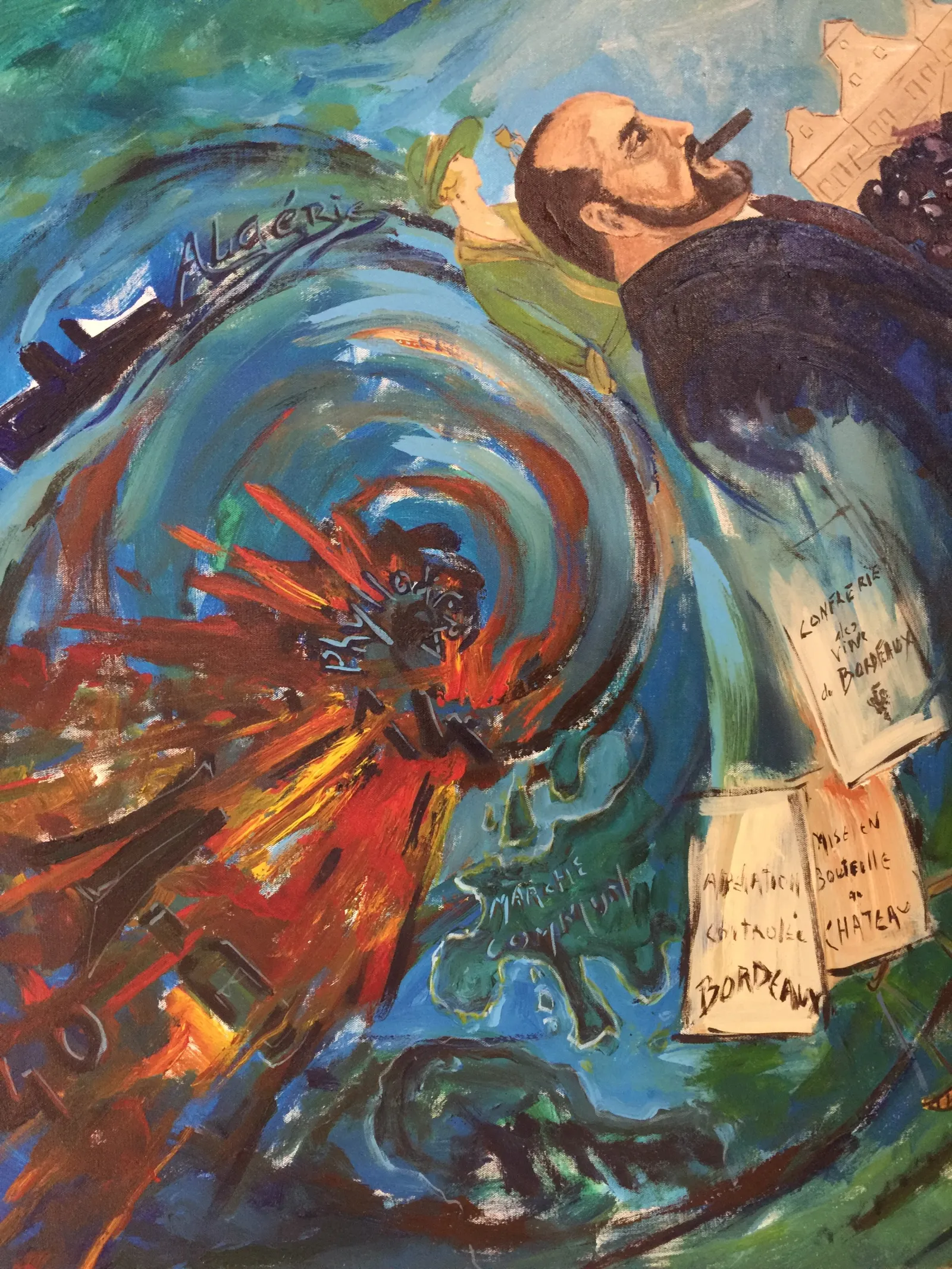 Expressionist painting depicting a man gazing upward surrounded by swirling red and blue vortices, with handwritten notes, evoking wine and vineyard arts in Bordeaux.