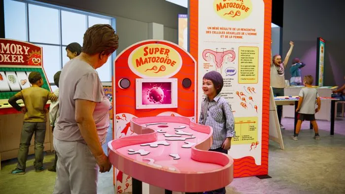 Children and adults engage with a pink and red interactive installation titled 'Super Matozoidé' at the Anatomik Park museum in Cap Sciences in Bordeaux, playfully exploring how the human body works.