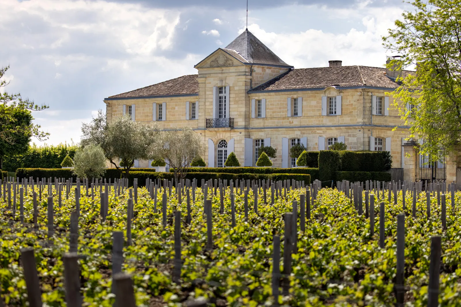 Château du Tertre in Bordeaux, a stone mansion with slate roof surrounded by vineyard rows and manicured hedges, cloudy sky behind.