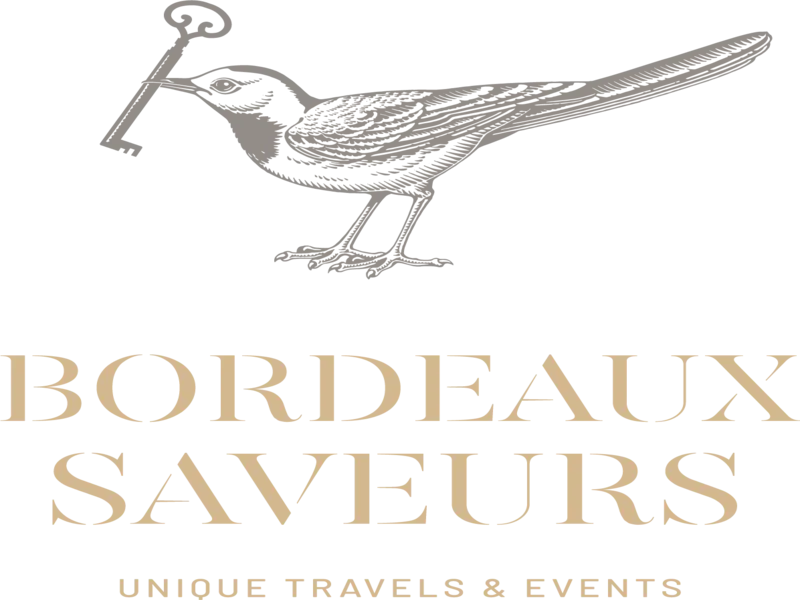 Bordeaux Saveurs logo: a stylized bird holding a golden key, with text 'Bordeaux Saveurs - Unique Travels & Events'