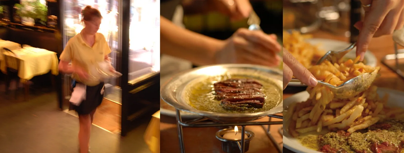Collage showcasing the dining experience at L'Entrecôte in Bordeaux: restaurant storefront, rare steak with béarnaise sauce, and crispy fries served by staff