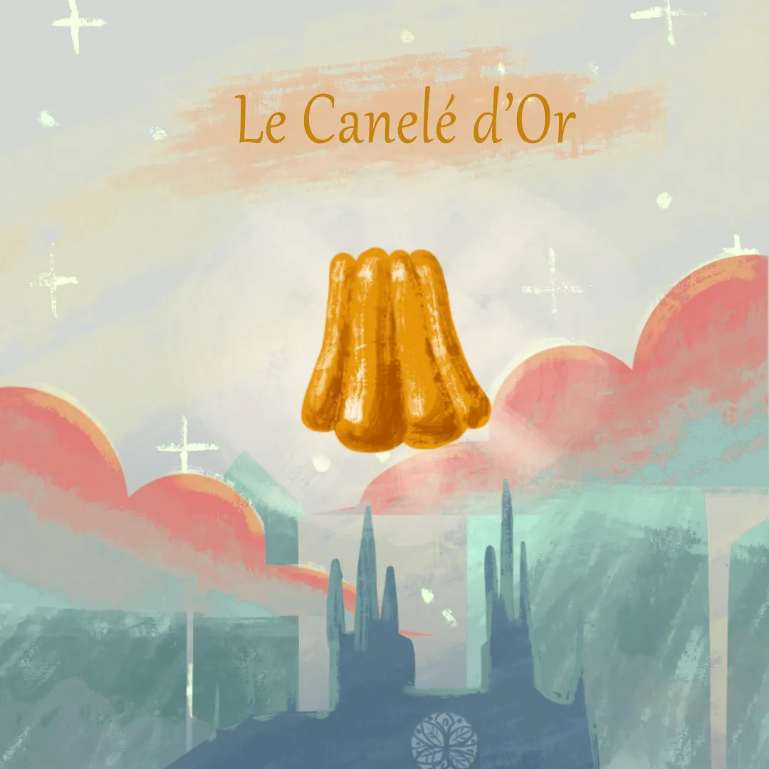 Golden canelé pastry floating above Bordeaux cityscape with cathedral silhouettes and crosses against a soft pink and turquoise background