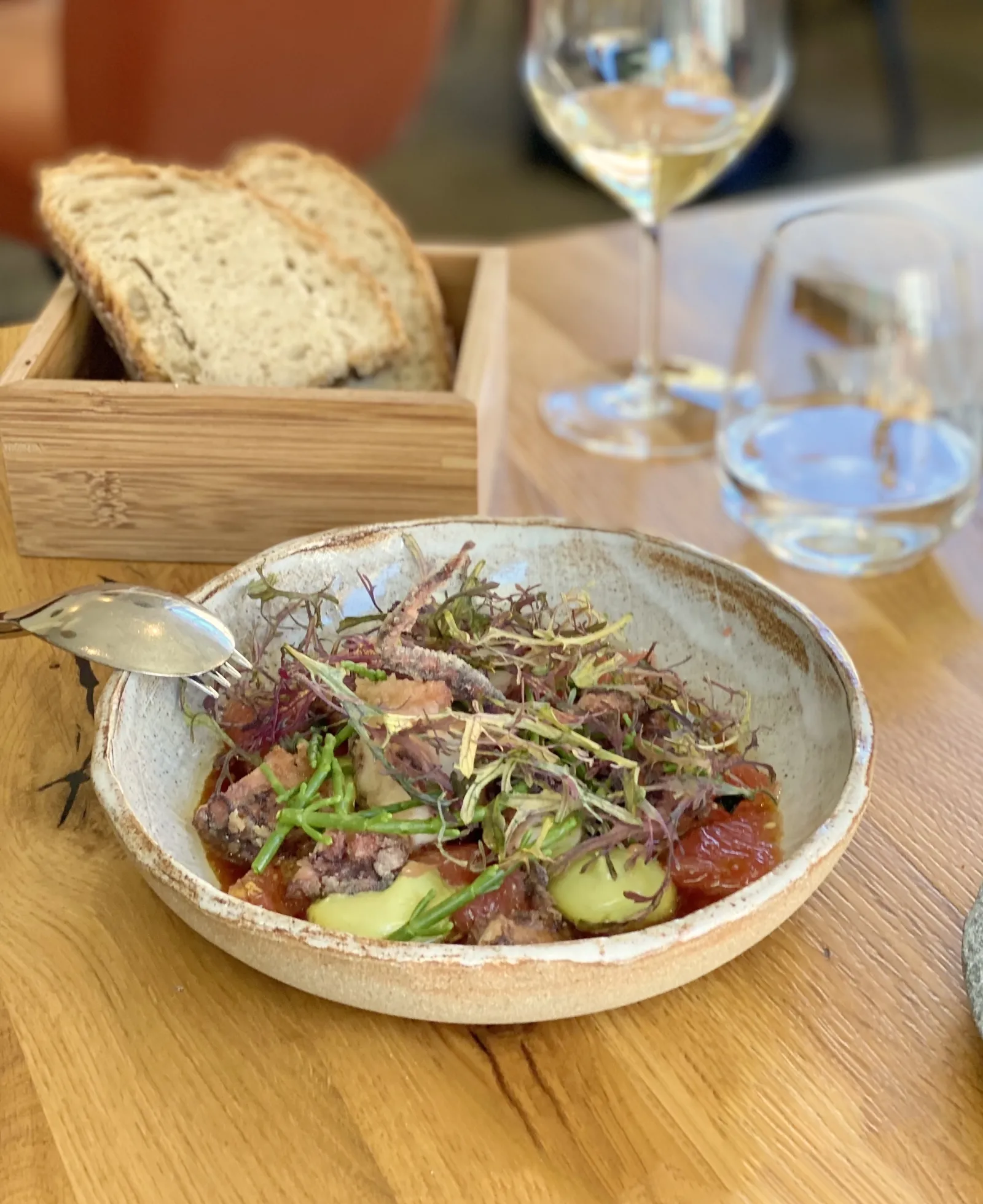 Beef tartare dish with mixed greens, sprouts and vegetables served in a white ceramic bowl, with toasted bread and white wine glass in a Bordeaux restaurant.