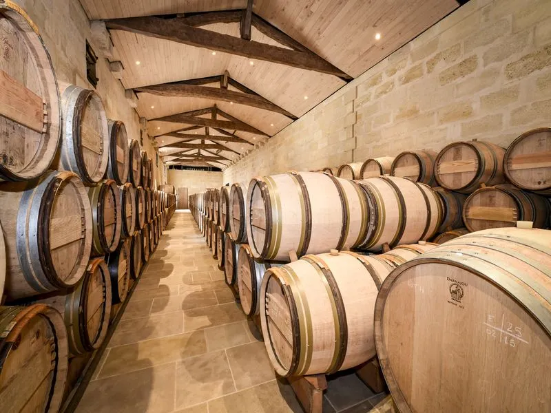 Wine aging cellar at Château Beauregard in Bordeaux featuring rows of oak barrels lined along stone walls, illuminated by spotlights.