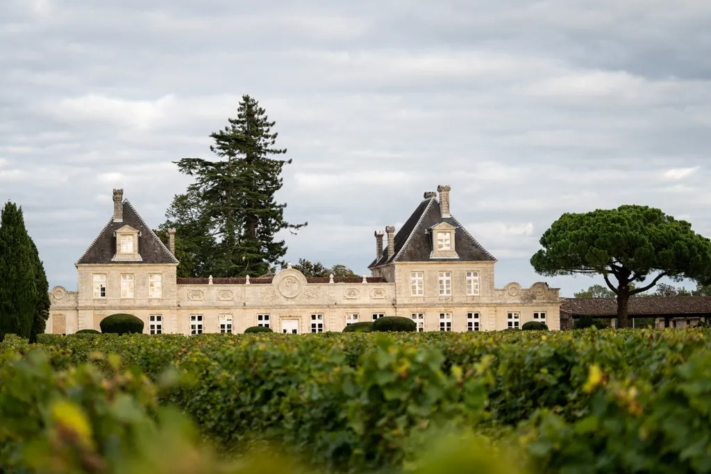 Château de Cérons, a classical mansion with mansard roofs, surrounded by lush vineyards in the Bordeaux region, with trees and a cloudy sky in the background.