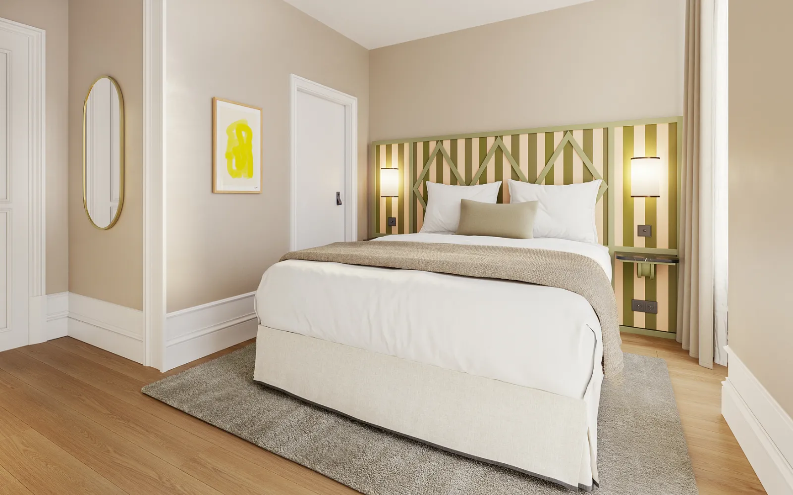 Elegant bedroom at Clos Huguerie in Bordeaux featuring a white bed with green and beige striped headboard, gold oval mirror, light beige walls, wooden flooring, and minimalist décor accents.