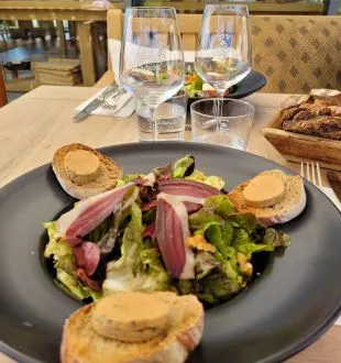 Plate of foie gras garnished with green salad, duck breast, and toasted bread served in a fine dining restaurant in Bordeaux with water glasses and bread in the background
