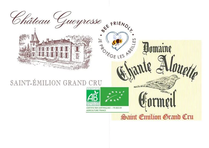 Wine labels from Château Gueyrosse and Domaine Chanté Alouette Cormeil, Saint-Émilion Grand Cru wines from Bordeaux with organic agriculture certification