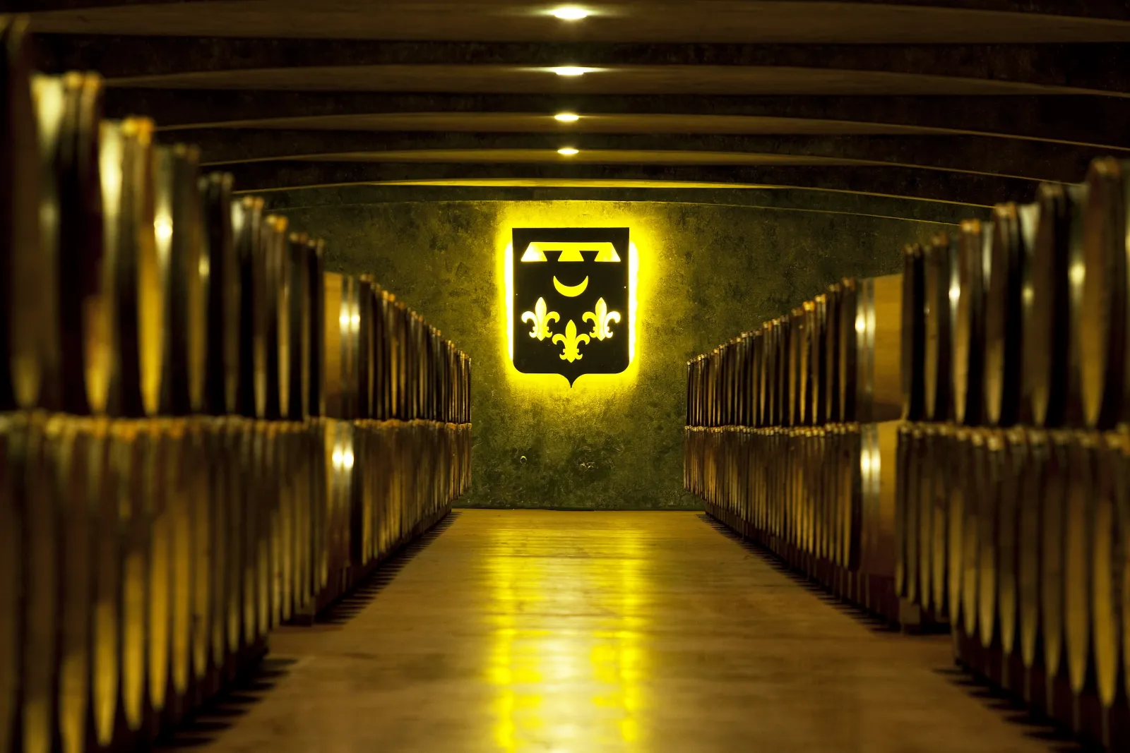 Underground tunnel at Château Smith Haut Lafitte in Bordeaux featuring an illuminated yellow coat of arms with the city's heraldry