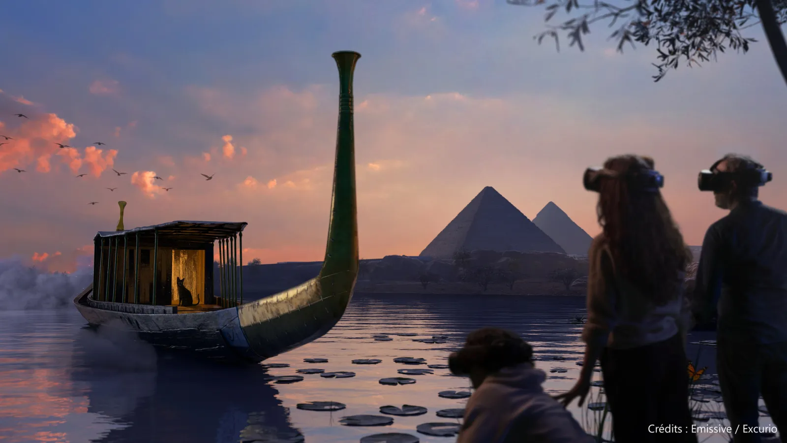Fantastical view of an illuminated traditional boat on water at sunset, with Egyptian pyramids in the background and visitors watching the scene from the shore in Bordeaux.