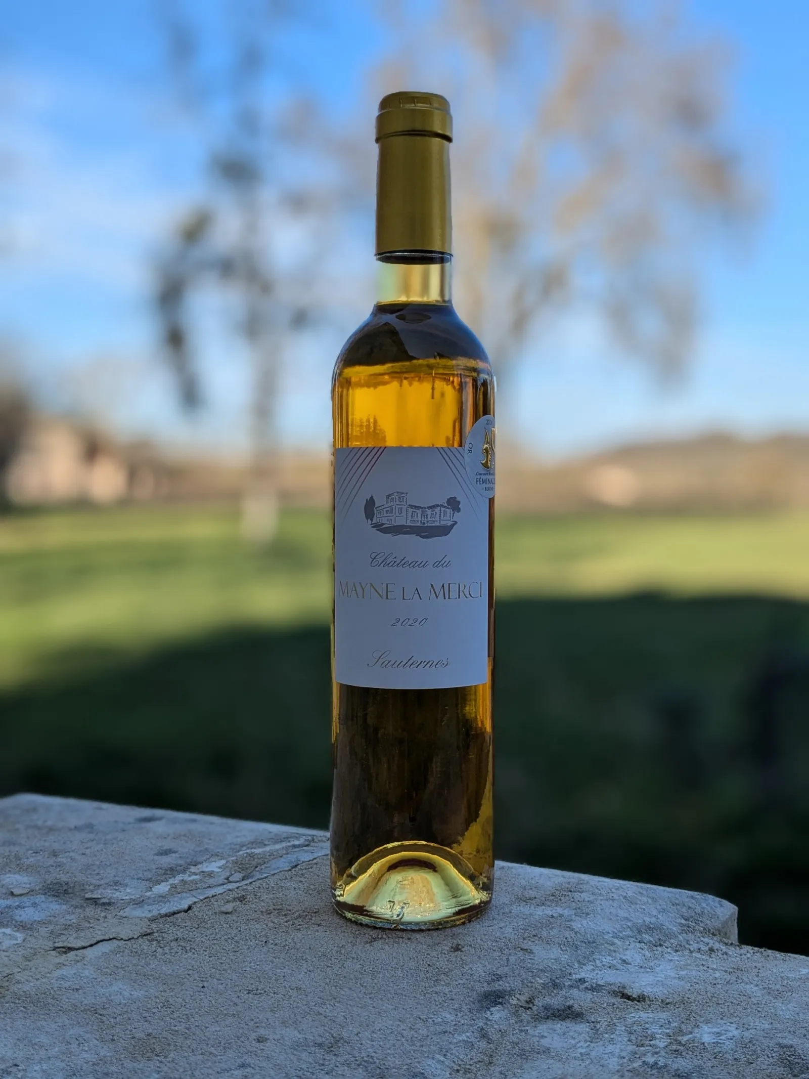 Bottle of white wine from Château du Mayne La Merci, vintage 2009, placed on a stone with Bordeaux vineyards in the background