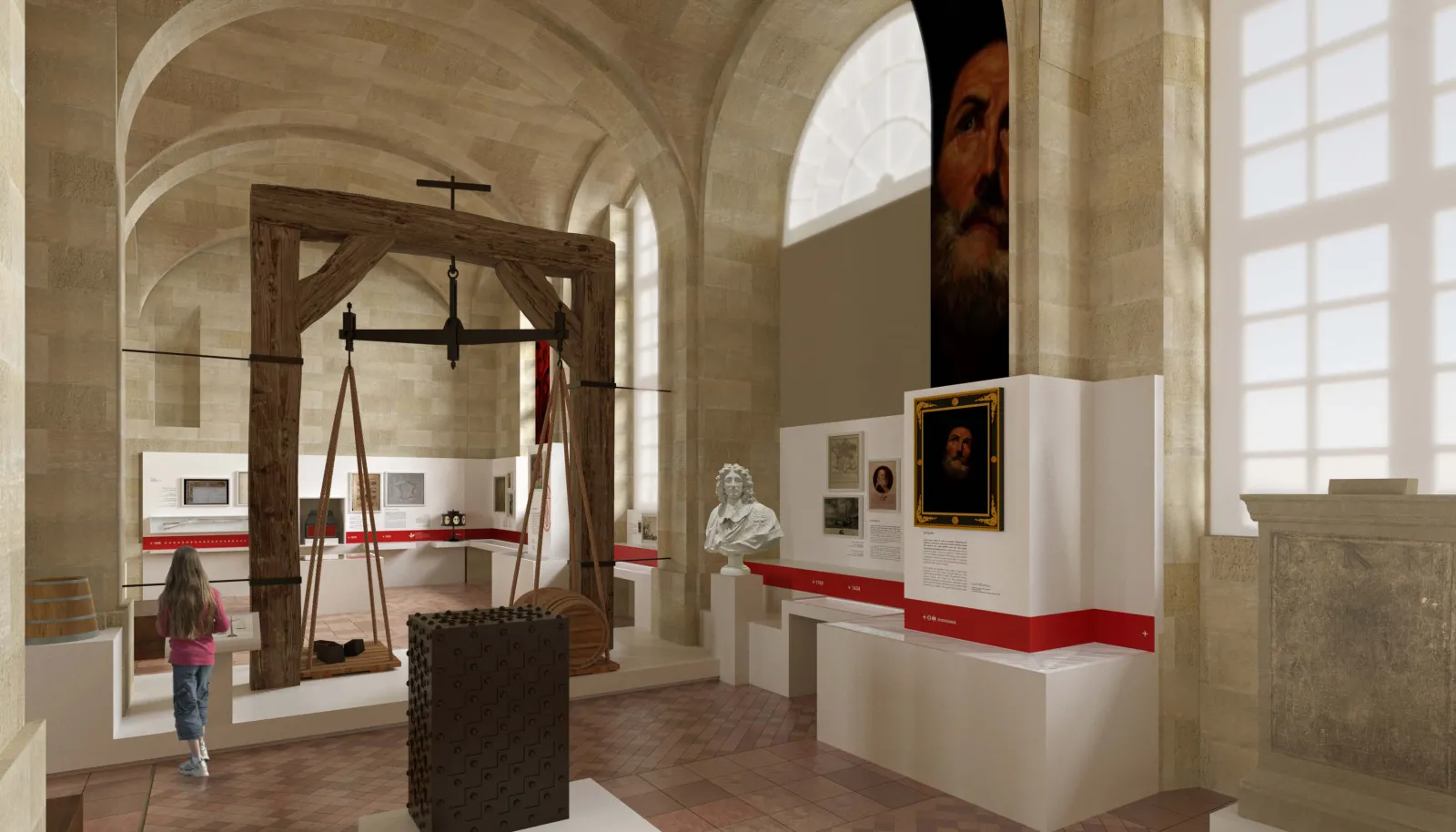 Interior of the National Customs Museum in Bordeaux displaying an exhibition with a wooden historical scale, red-banded information panels, portraits and customs objects in a vaulted gallery.