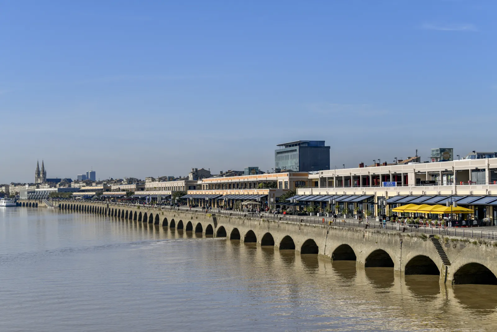 Panoramic view of Bordeaux showing the Garonne river, renovated waterfront buildings in yellow stone, and the characteristic arched stone bridge.