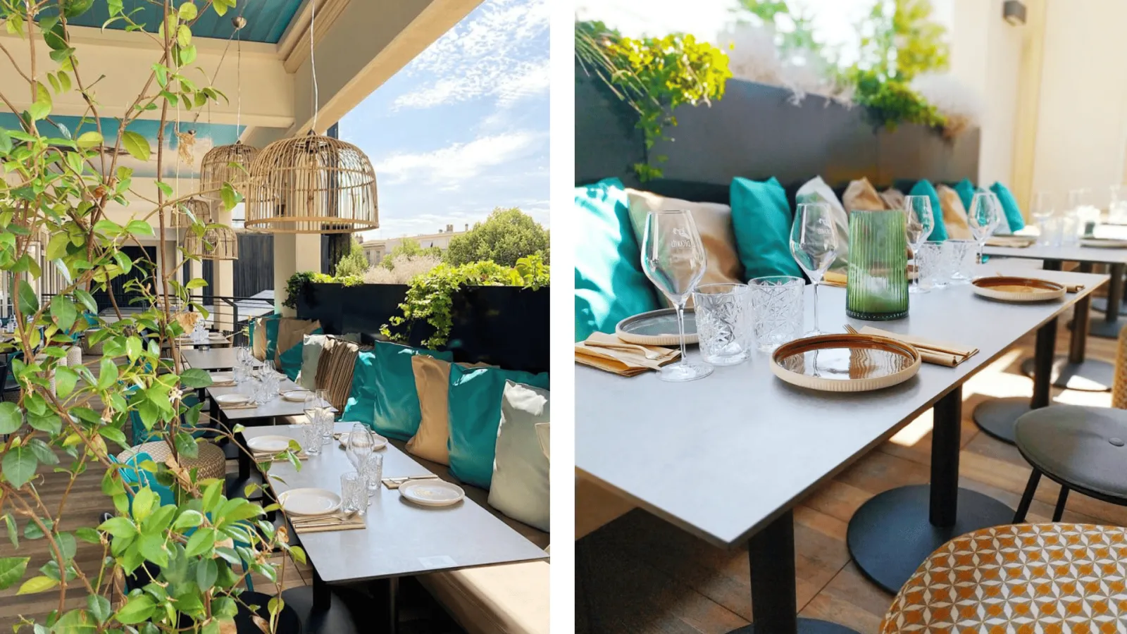 Elegant restaurant terrace at Novotel Bordeaux Centre featuring set tables, turquoise cushions, glassware and place settings, with plants and city views