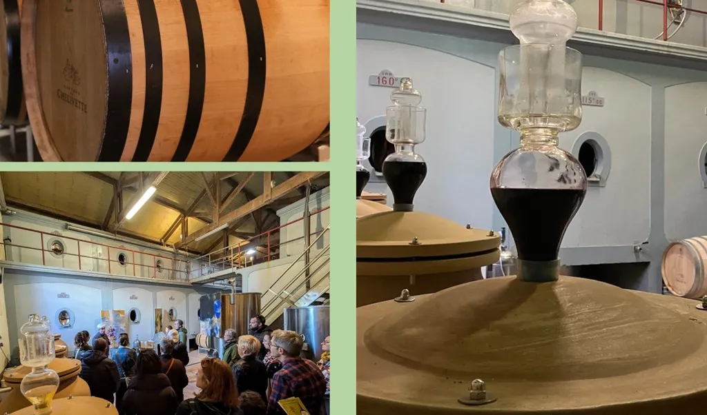Tour of Château de Chelivette in Bordeaux featuring oak barrels, distillation stills, and visitors exploring the cognac production process in a historic cellar.
