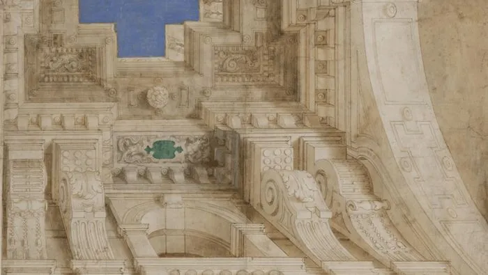 Detailed architectural plan of a Neoclassical Bordeaux façade featuring relief ornaments, columns, capitals and a blue-green architectural element.