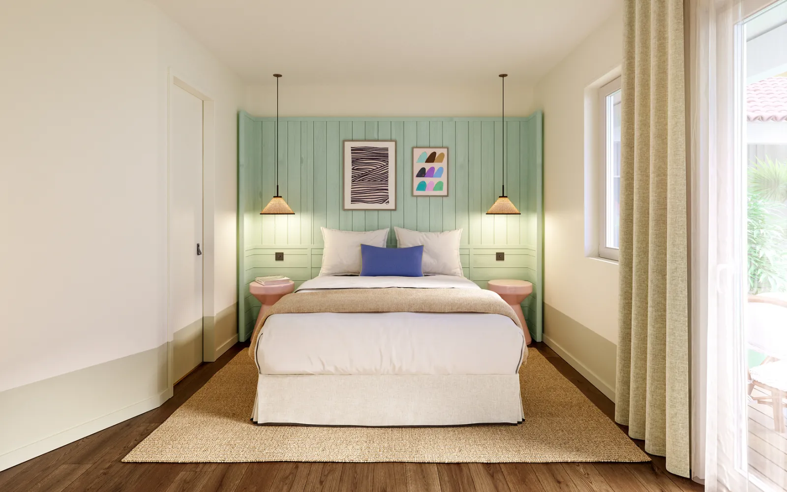 Elegant bedroom in Boutique Hôtel Le Clos Huguery in Bordeaux, featuring a king-size bed, green paneled headboard, pendant lights, pink nightstands, modern artwork, and floor-to-ceiling windows overlooking the garden.