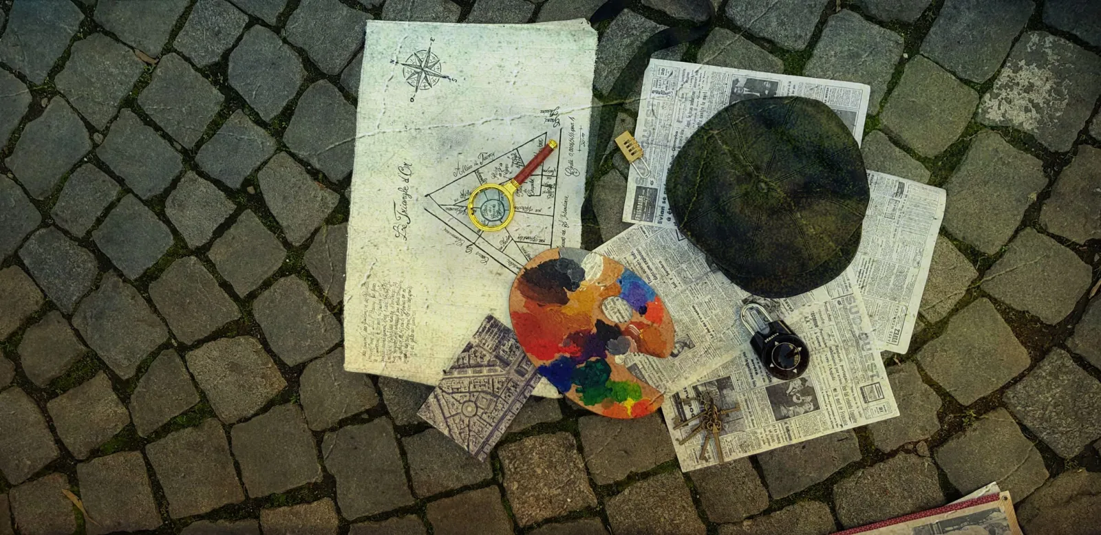 On a stone pavement, artist's documents and tools arranged: architectural sketch with compass, colorful paint palette, newspapers, black mirror, camera and creative supplies.