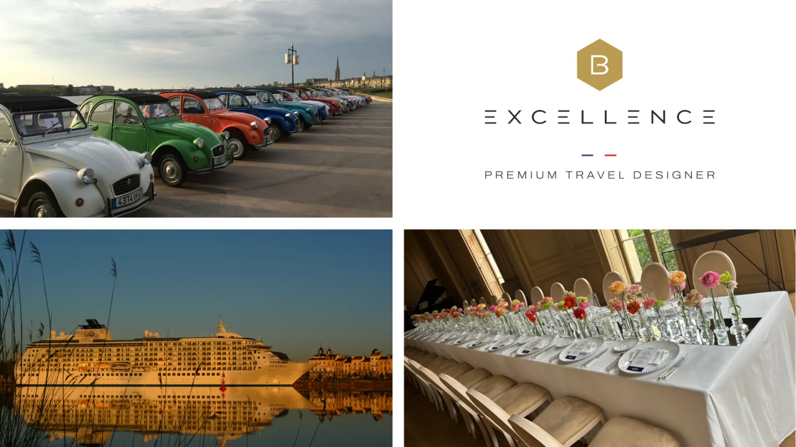 Collage featuring colorful vintage cars lined up in Bordeaux, a cruise ship, and an elegantly set dining table with glassware and flowers for a premium event.