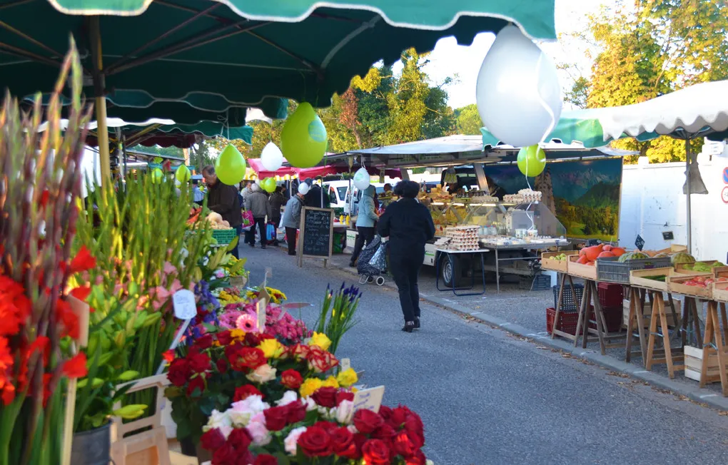 Gradignan Market in Bordeaux featuring red and pink flower stalls in the foreground, green and white balloons, vendors and shoppers browsing under green awnings, autumn trees in the background