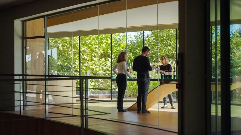 View through glass doors of visitors discussing in a modern space with a terrace and greenery in the background, in Bordeaux.