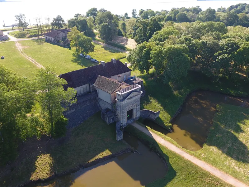 Aerial view of Fort Médoc near Bordeaux, a historic fortress surrounded by moats and greenery