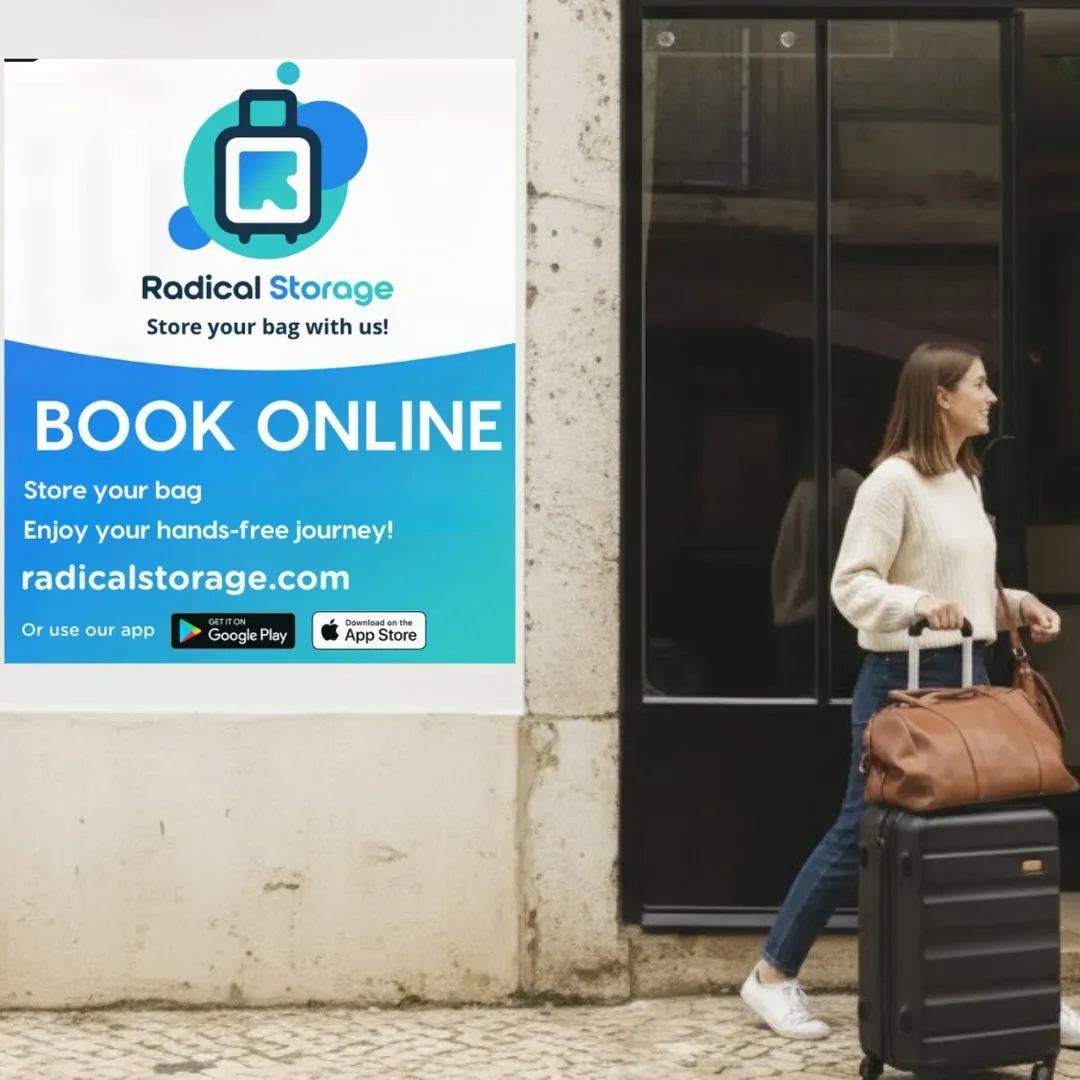 Radical Storage advertising poster in Bordeaux featuring a woman with a travel bag and luggage, promoting online booking for bag storage