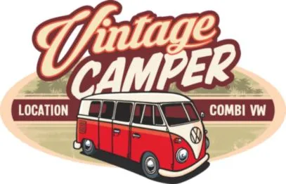 Vintage Camper logo featuring a red and white VW Combi van with 'Location' and 'Combi VW' text on a beige background