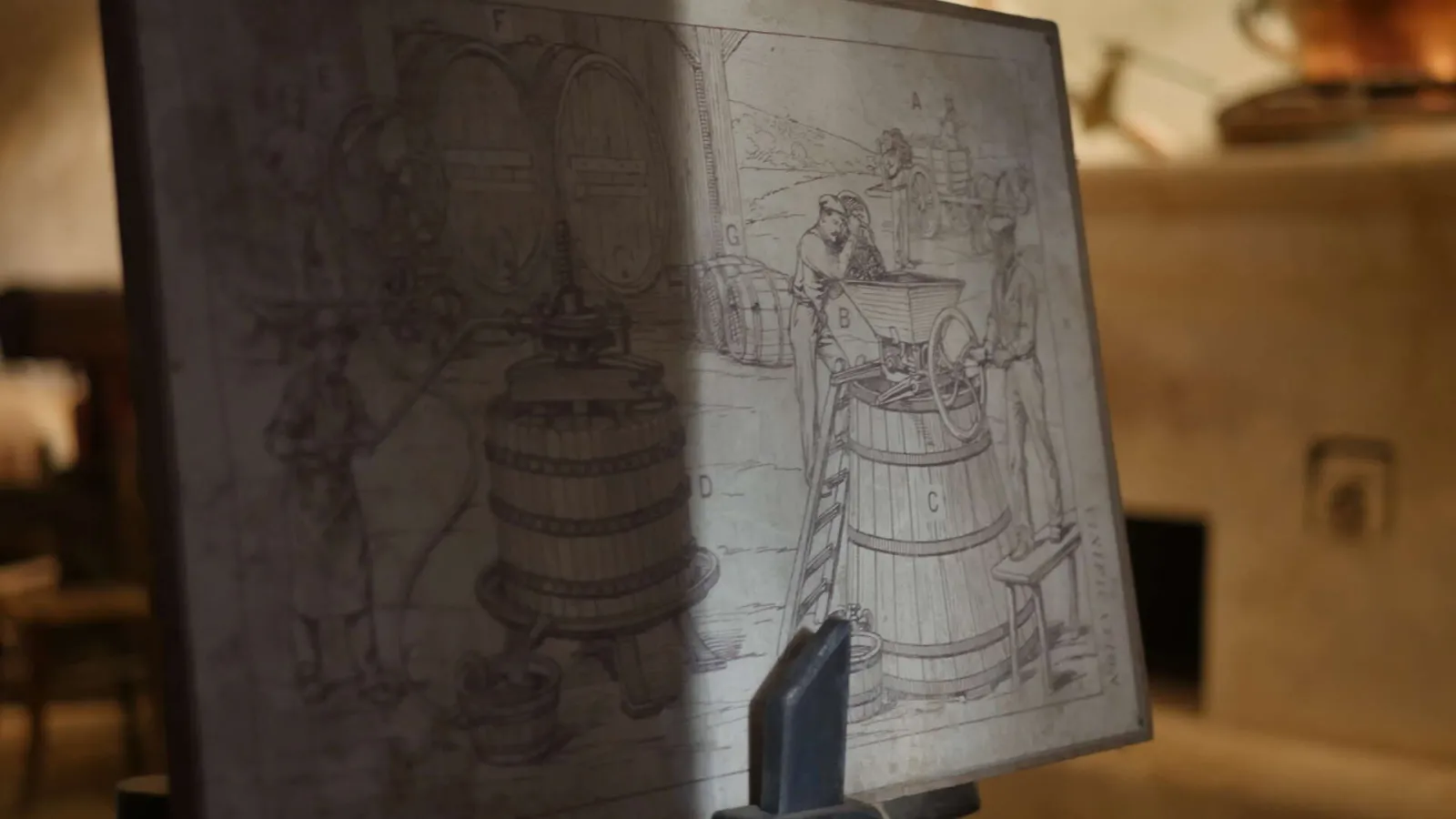 Historical engraving depicting wine barrels and workers in a cellar, displayed at the Ecomuseum of Vine and Wine in Gradignan near Bordeaux.