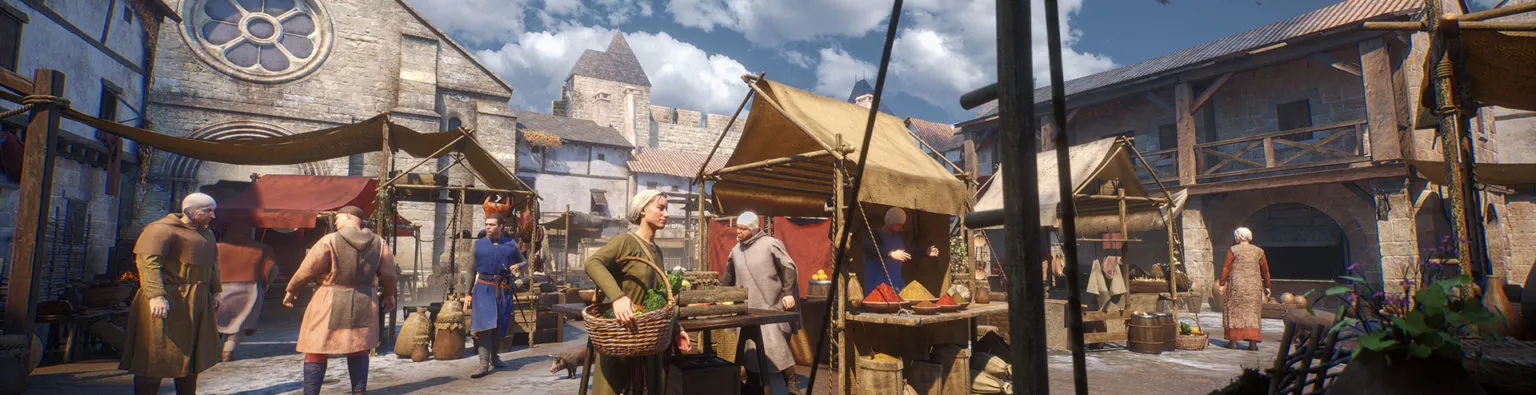 Medieval marketplace recreation in Bordeaux featuring canvas-covered market stalls, period-costumed characters, and stone buildings with towers in the background.