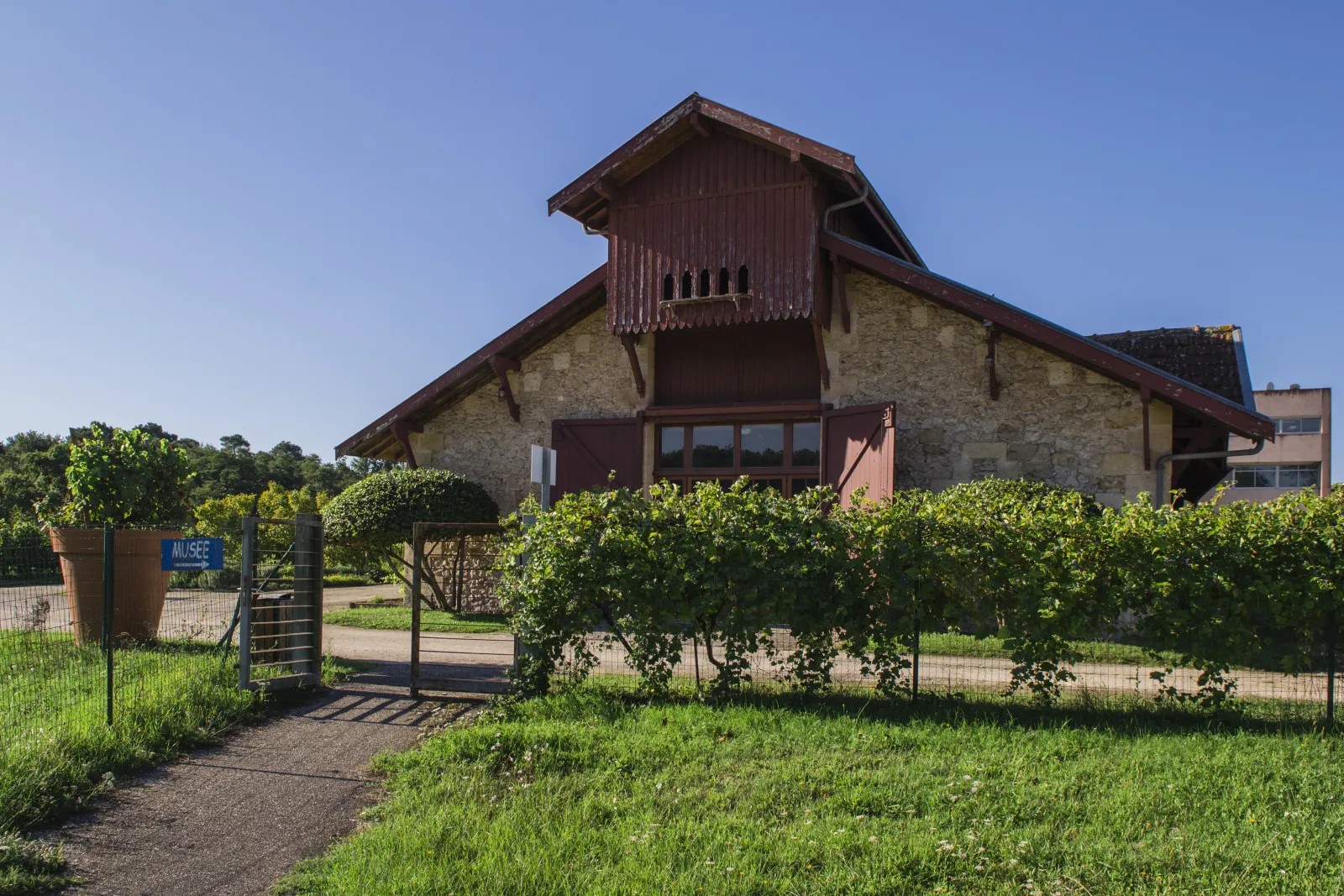 Modern building of the Wine and Vineyard Ecomuseum in Gradignan, featuring stone facade and wooden roof, surrounded by vineyards and fencing, with clear blue sky.