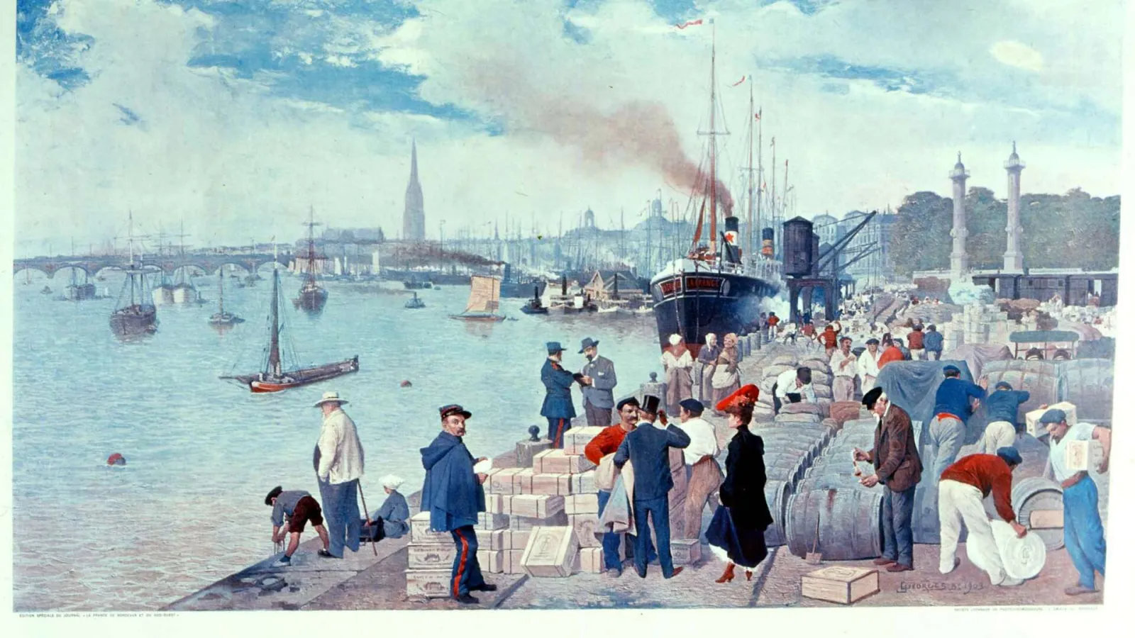 Historical port scene of Bordeaux depicting dock workers loading cargo onto a steam ship, with sailing vessels and the city skyline in the background.