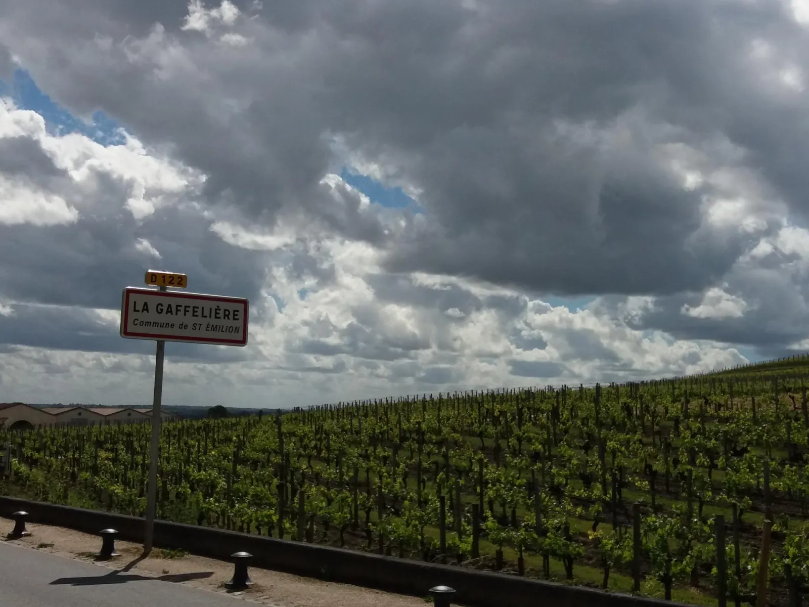Road sign for La Caffelière, municipality of Saint-Émilion, overlooking expansive vineyards under a cloudy sky.