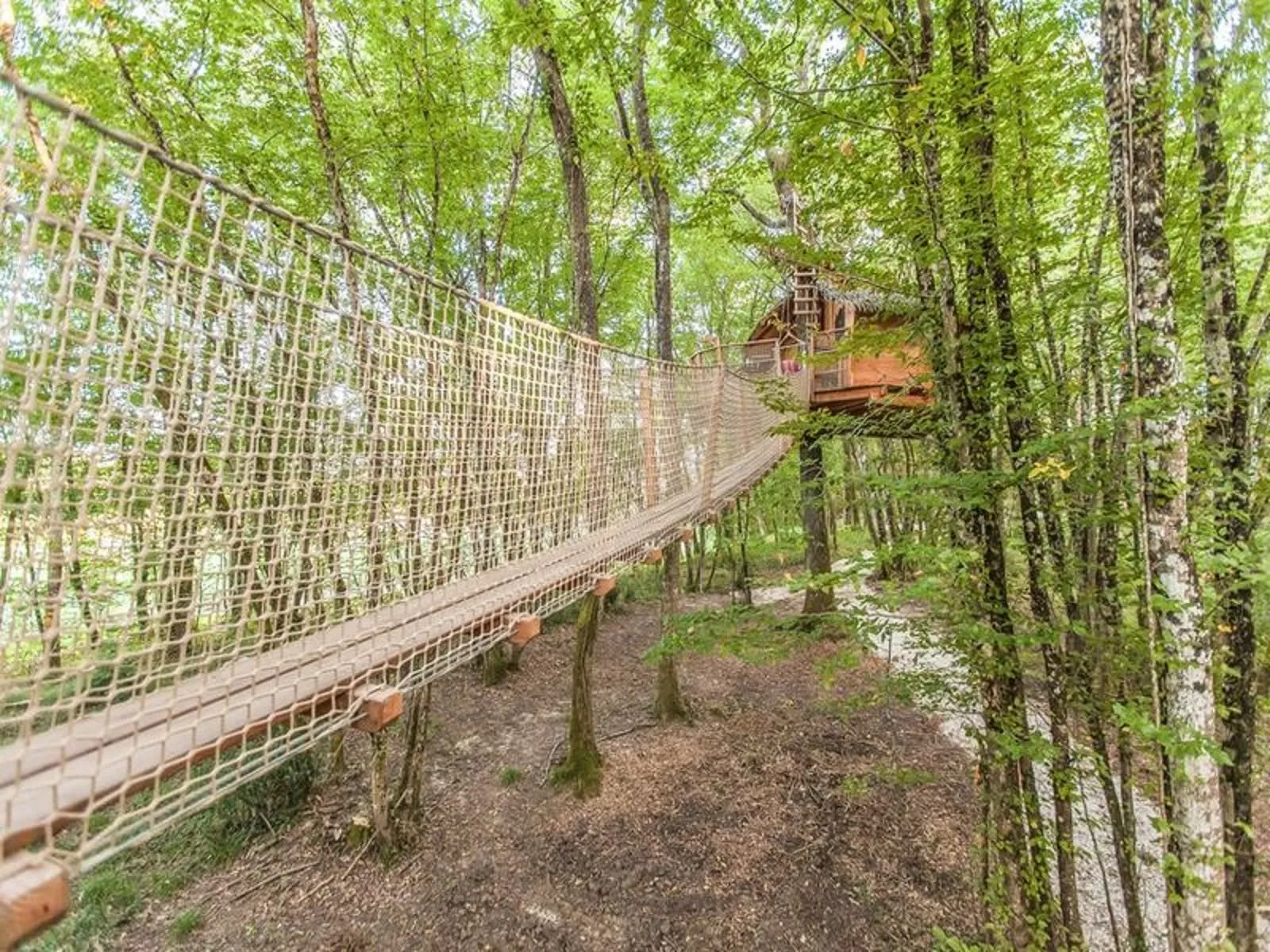 Suspended wooden footbridge with safety netting in the forest canopy at Cabanes de la Romaningue near Bordeaux, with a wooden cabin visible in the background.