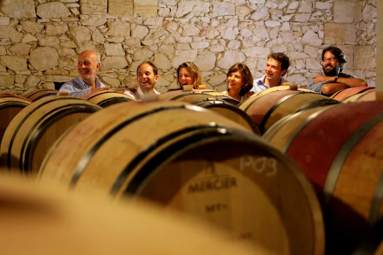 Six visitors stand behind wooden wine barrels in a Bordeaux wine cellar with a stone wall background.