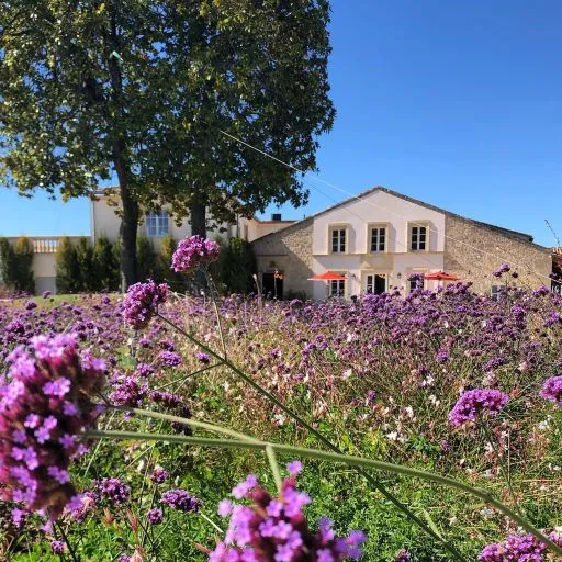 Château Larmande in Bordeaux with purple flowers in the foreground, stone buildings, blue sky and a large tree on the left