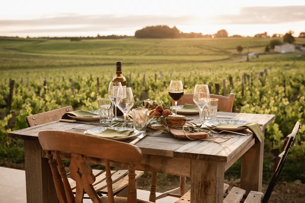 Outdoor dining table with wine glasses, bottle and gourmet food overlooking Bordeaux vineyards at sunset