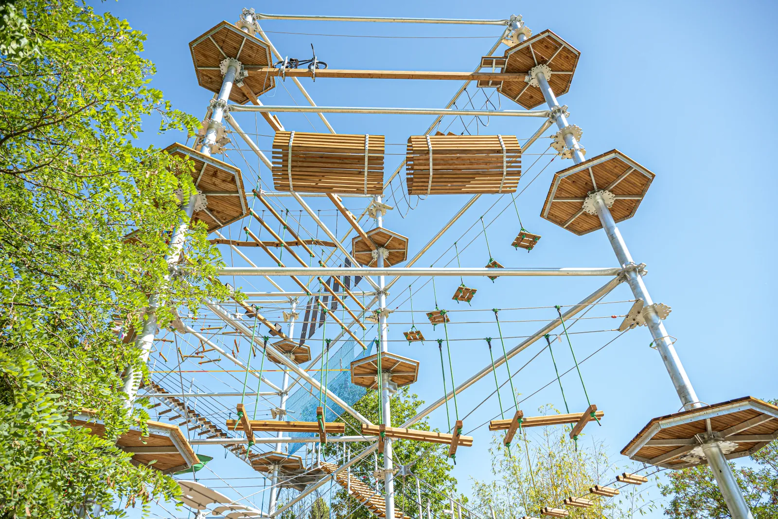 Aerial adventure park with wooden platforms and rope courses suspended between trees at Cimes de Bordeaux in Pessac.