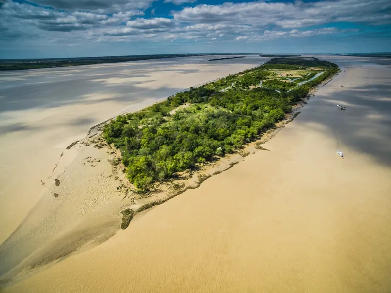 Aerial view of Île Nouvelle in Bordeaux, an elongated peninsula covered with green vegetation surrounded by the beige waters of the Garonne and estuary.