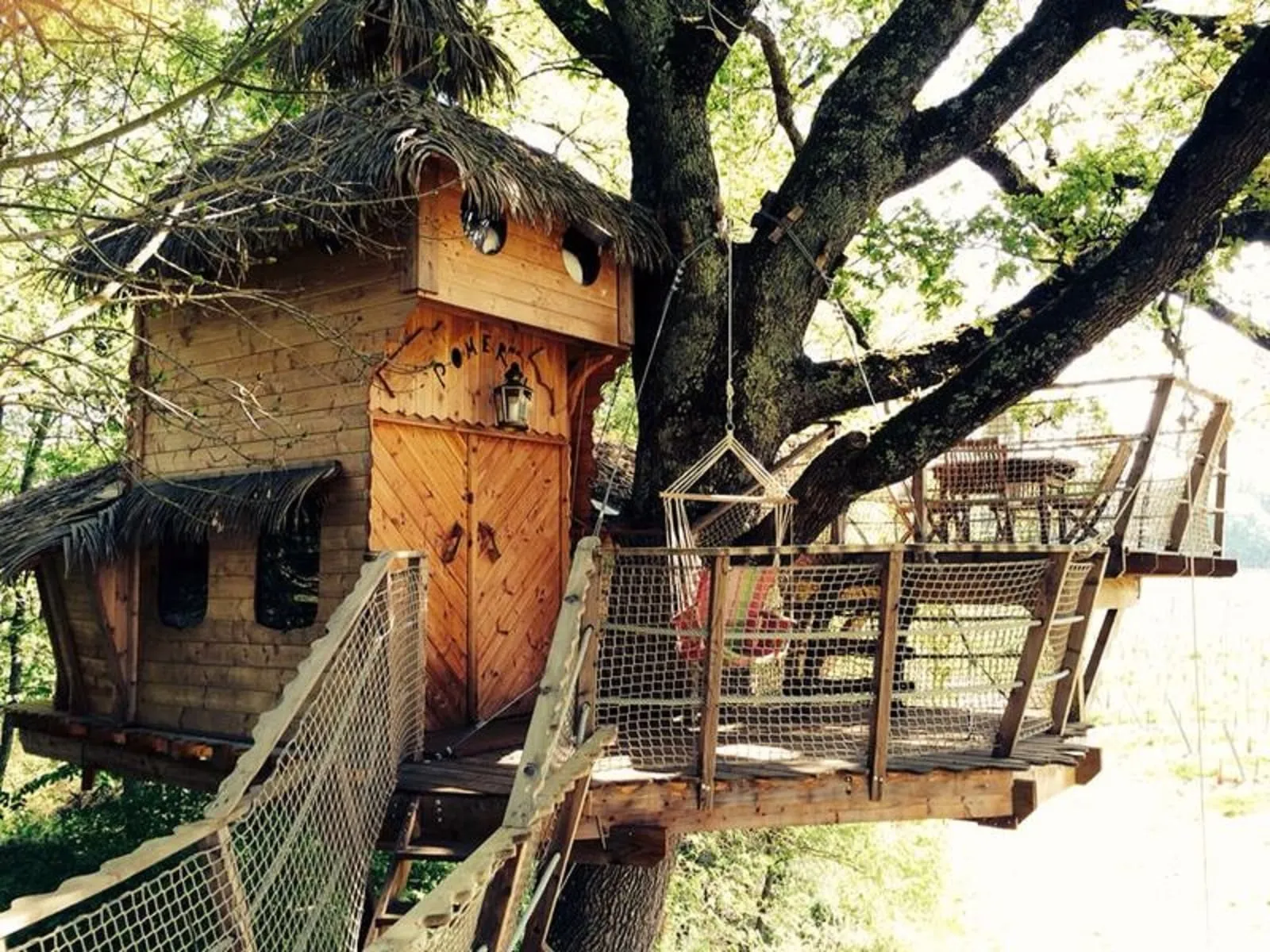 Wooden treehouse with orange door, safety net walkway and stairs built in a large tree