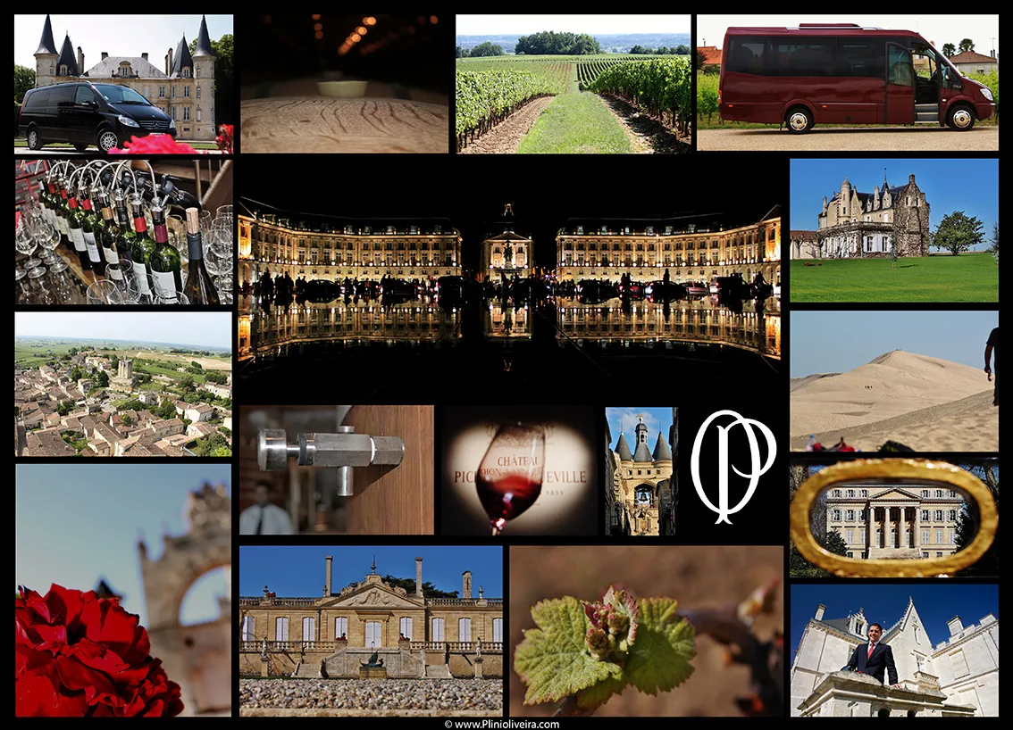 Collage of photographs showcasing Bordeaux and its surroundings: castles, vineyards, illuminated Place de la Bourse, historic monuments, vehicles, bicycles, red flowers and wine landscapes.