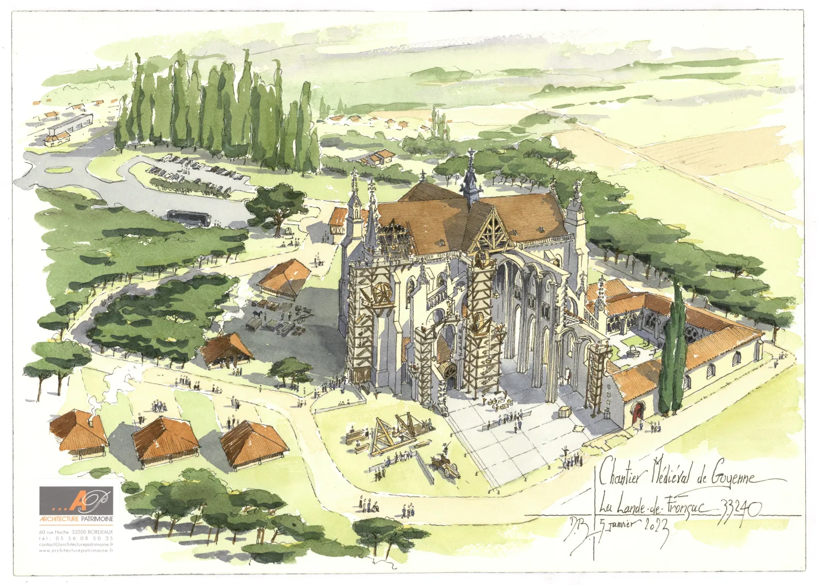 Aerial view of a medieval reconstruction project in Bordeaux featuring a Gothic cathedral, orange-roofed buildings, green spaces, a parking area, and surrounding rural landscape.