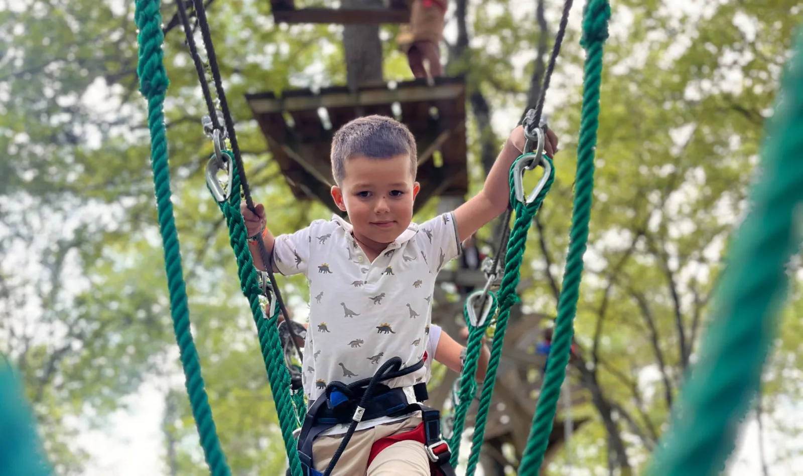 Smiling young child hanging from green ropes on a treetop course, wearing a blue and red safety harness, with trees in the background