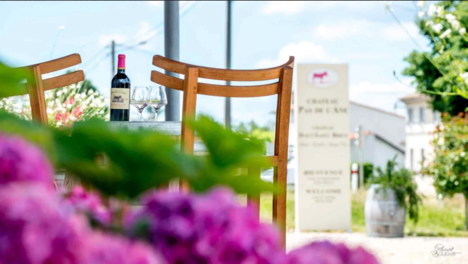 Terrace of Château Pas de l'Âne in Bordeaux featuring wooden chairs, a red wine bottle and two glasses, surrounded by pink flowers and greenery, overlooking the Bordeaux landscape