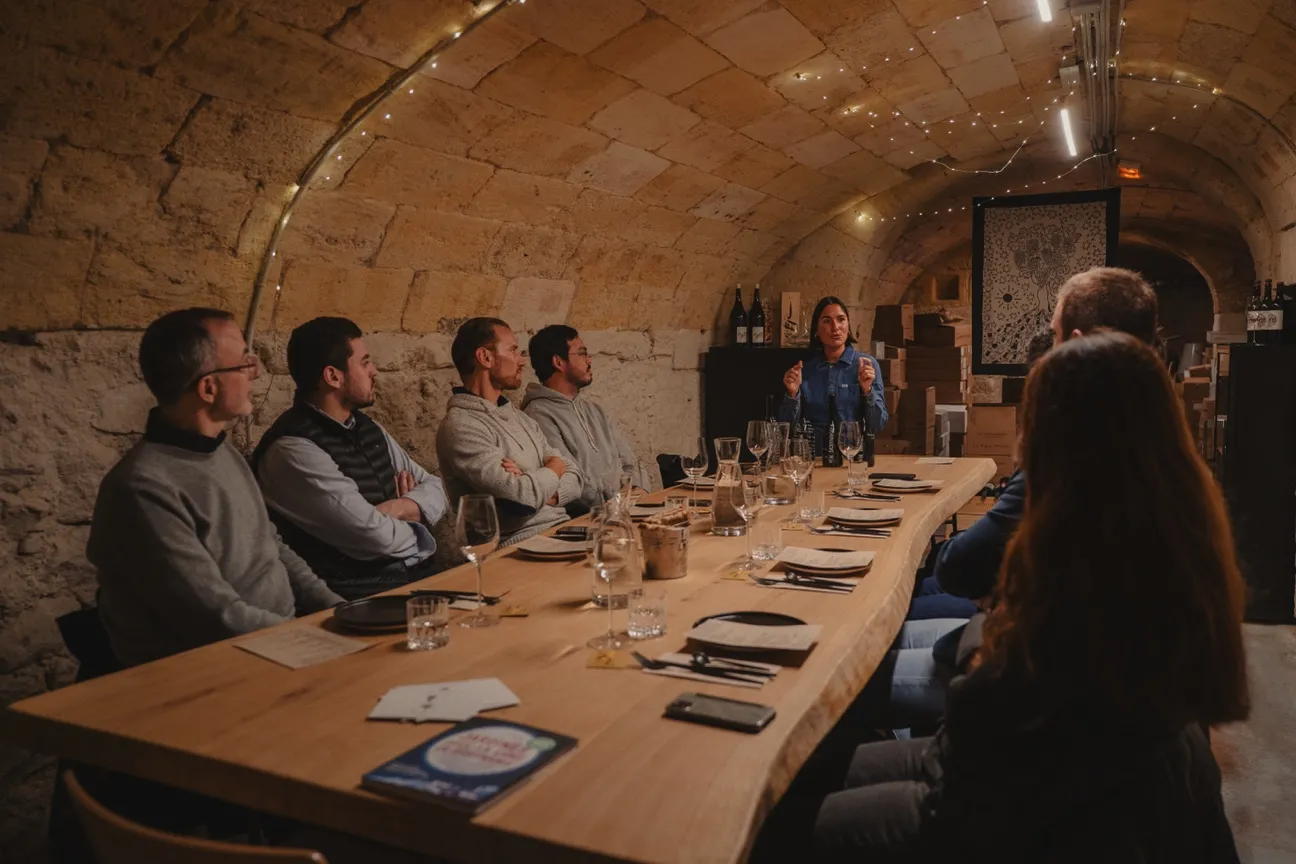 Wine tasting in a vaulted cellar in Bordeaux, with a wine expert presenting bottles to a group of visitors seated around a table.