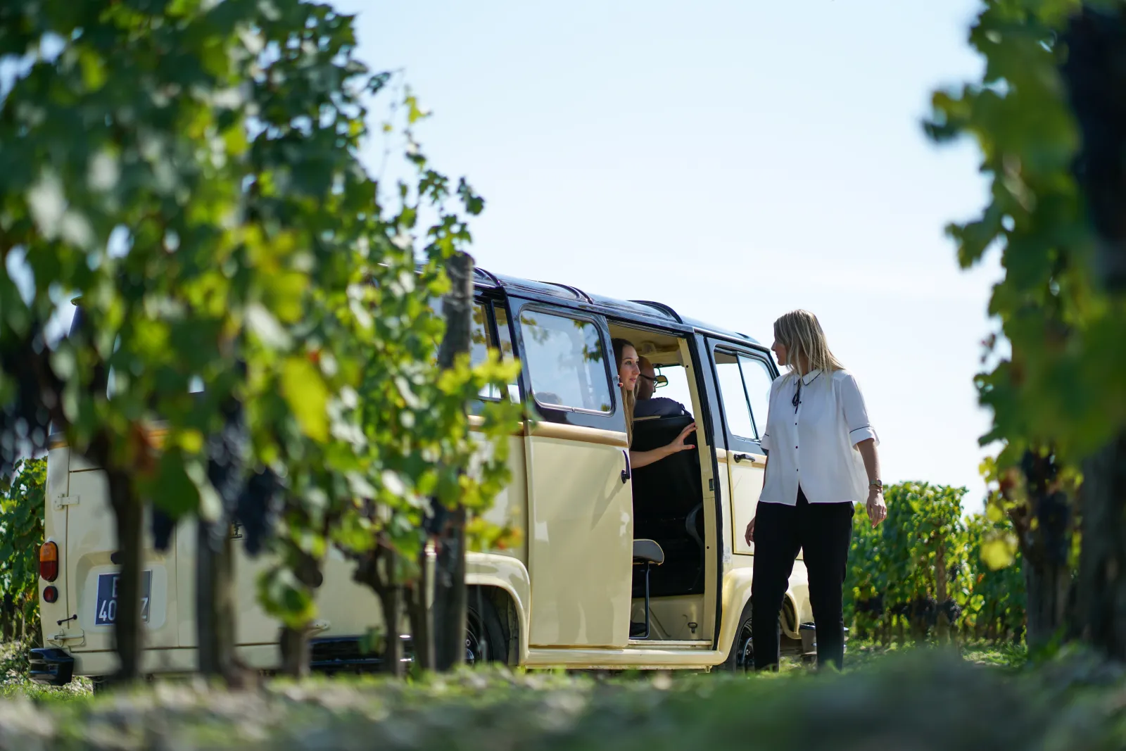 Two people standing beside a beige van parked between vineyard rows at Château Latour-Martillac in Bordeaux
