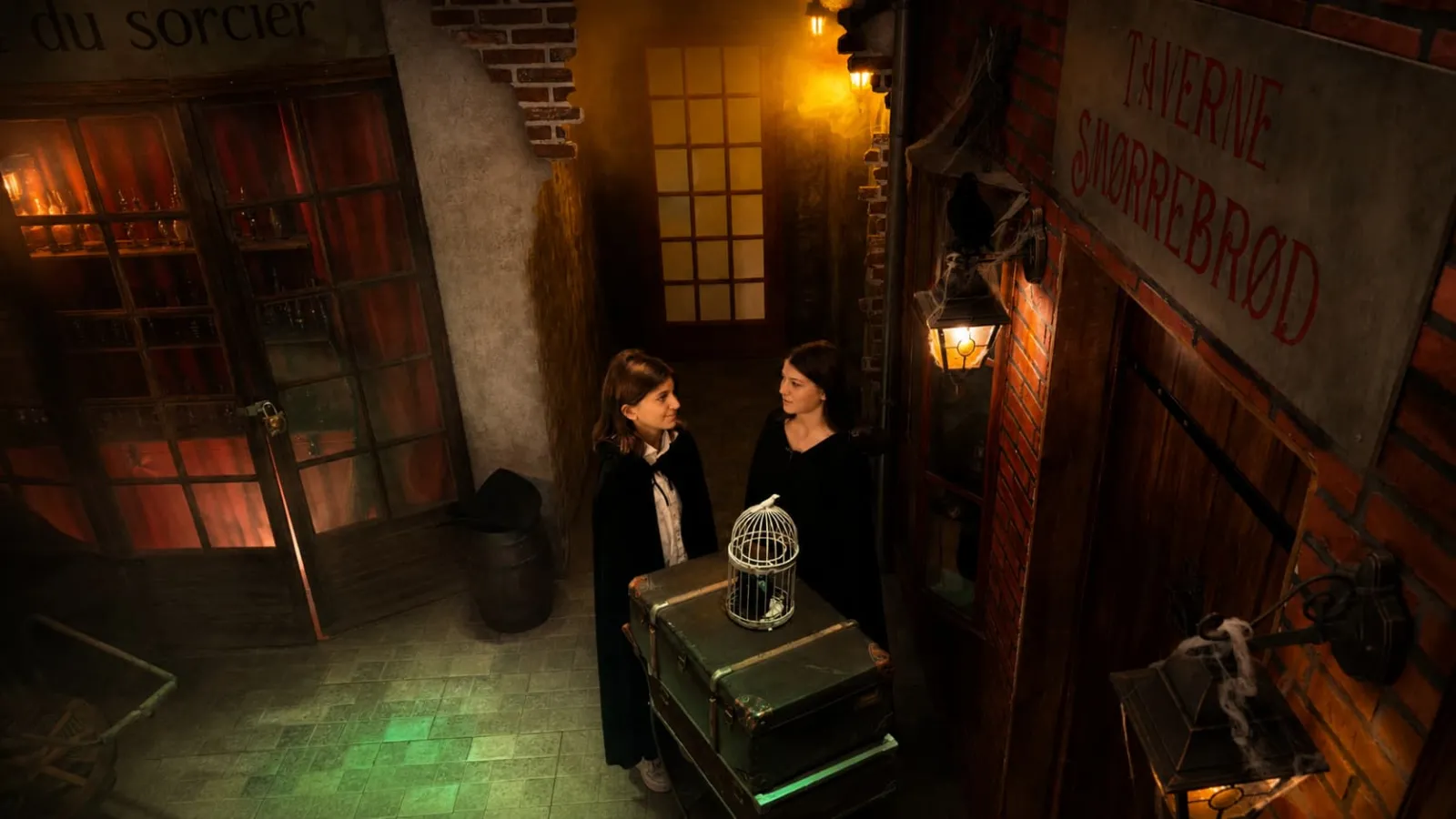Two women in black clothing examine a white decorative birdcage placed on a suitcase in a cobblestone alley in Bordeaux, illuminated by golden street lamps and red windows.