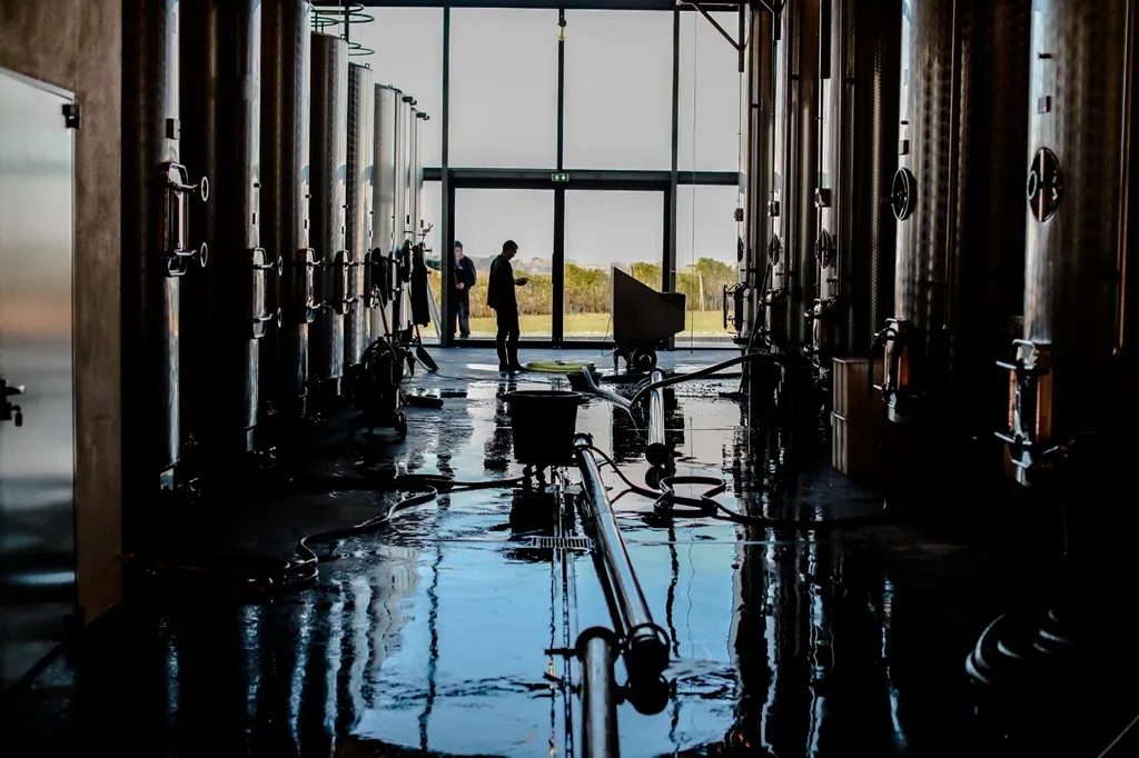 Interior of a winemaking facility at Château Lauduc in Bordeaux, featuring stainless steel fermentation tanks lined on both sides, a wet reflective floor with blue lighting, and two people near the glass entrance overlooking the vineyards.